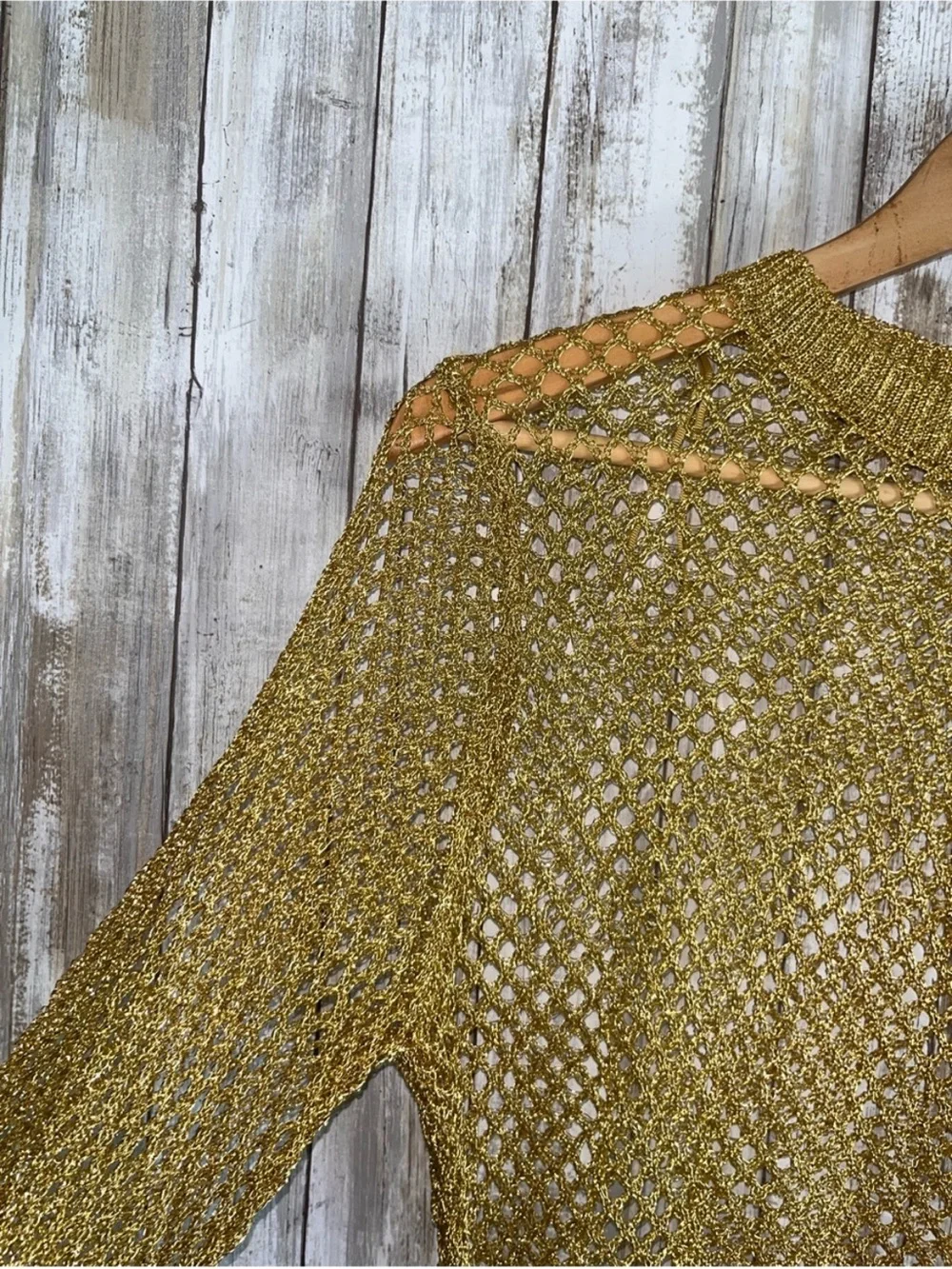 Zara Gold Metallic Crochet Fishnet Crop Sweater Bell Sleeve Cover Up M